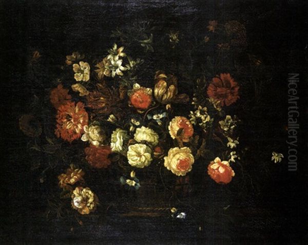 A Bouquet Of Summer Flowers, Peonies, Tulips, And Lilies In An Open Weave Basket Oil Painting by Jean-Baptiste Ii Belin
