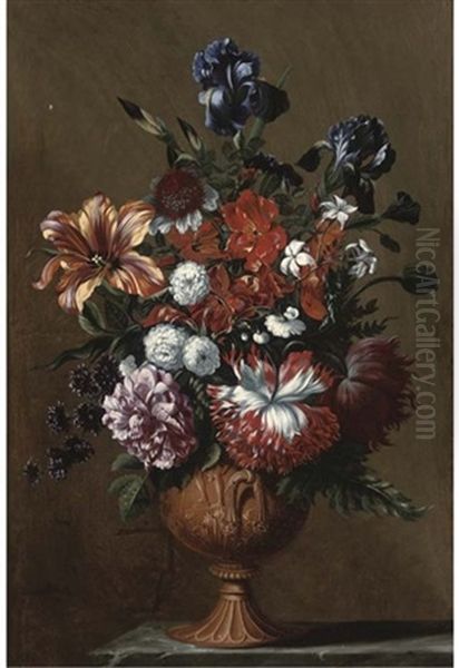 Irises, A Tulip, A Rose, Jasmine And Other Flowers In A Sculpted Urn On A Stone Ledge Oil Painting by Jean-Baptiste Ii Belin