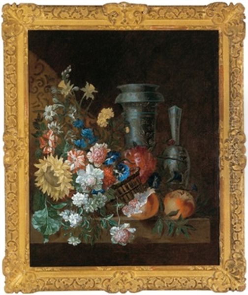 Ein Korb Mit Nelken, Winden, Pfingstrosen Und Einer Sonnenblume, Mit Zwei Blauweisen Prunkgefasen Sowie Zwei Granatapfeln Oil Painting by Jean-Baptiste Ii Belin