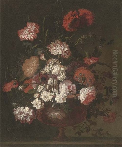 Carnations, Roses, Chrysanthemums, Narcissi And Other Flowers In A Sculpted Urn On A Stone Ledge Oil Painting by Jean-Baptiste Ii Belin