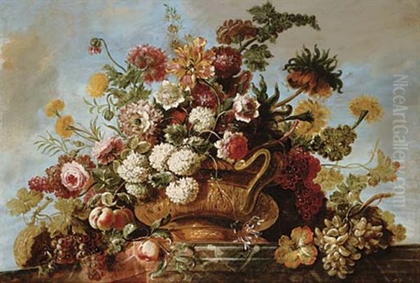 Flowers In A Terracotta Vase With Fruit On A Ledge Oil Painting by Jean-Baptiste Ii Belin