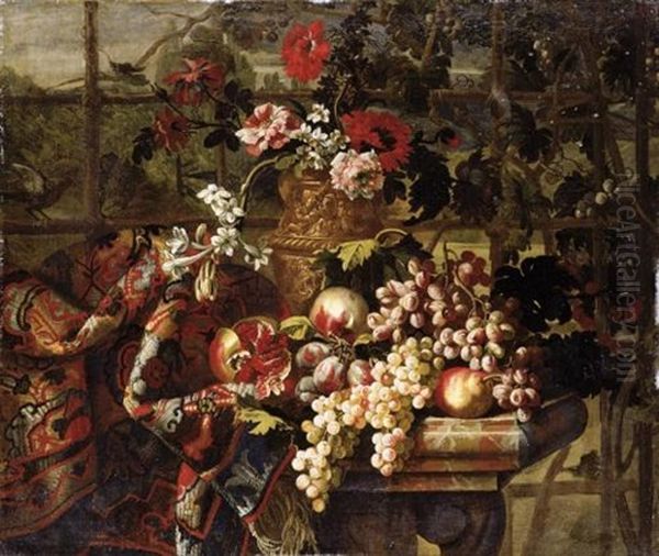 Still Life Of Various Flowers In A Bronze Urn, Together With Pomegranates, Grapes, Pears And Plums On A Marble Table Draped With A Carpet Oil Painting by Jean-Baptiste Ii Belin