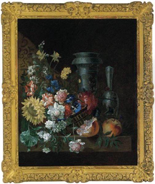 Ein Korb Mit Nelken, Winden, Pfingstrosen Und Einer Sonnenblume, Mit Zwei Blau-weisen Prunkgefasen Sowie Zwei Granatapfeln Oil Painting by Jean-Baptiste Ii Belin