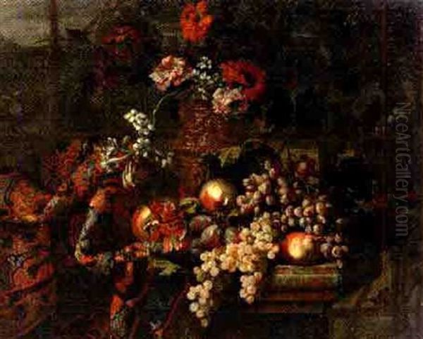 Raisin, Prunes, Poires, Grenades, Sur Un Entablement Orne D'un Riche Tapis Et De Fleurs Dans Un Vase Cisele Et Dore Oil Painting by Jean-Baptiste Ii Belin