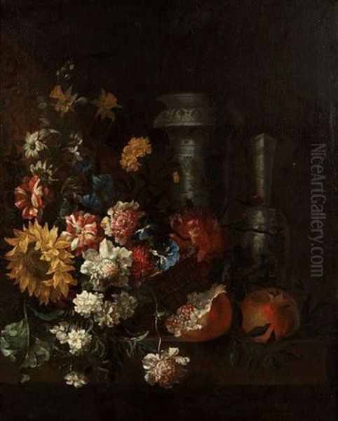 A Basket Of Carnations, Morning Glory, Peonies And A Sun Flower With Two Oriental Blue And White Vases And Pomegranates On A Wooden Table Oil Painting by Jean-Baptiste Ii Belin