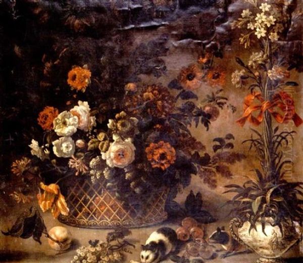 Tulips, Roses, Carnations, Honeysuckle And Other Flowers In A Basket With A Vase Of Upright Carnations And Other Flowers Tied With A Red Ribbon, Guinea Pigs With Grapes Oil Painting by Jean-Baptiste Ii Belin