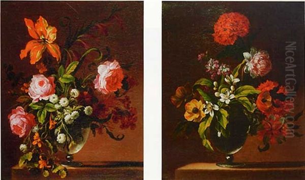 Bouquet De Fleurs (+ Another, Similar; Pair) Oil Painting by Jean-Baptiste Ii Belin