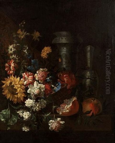 A Basket Of Carnations, Morning Glory, Peonies And A Sunflower With Two Oriental Blue And White Vases And Pomegranates On A Wooden Table Oil Painting by Jean-Baptiste Ii Belin
