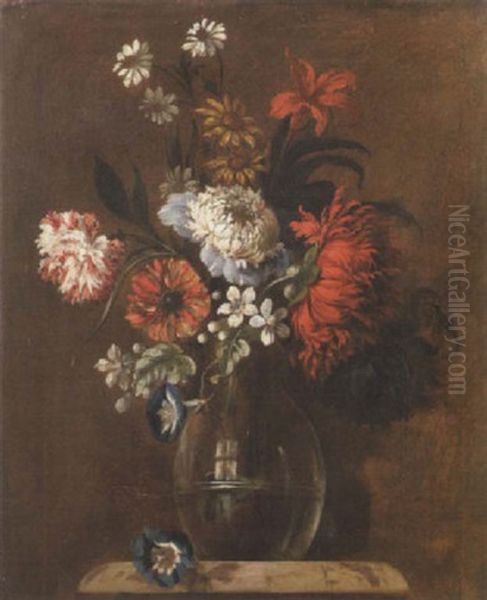 Carnations, Daisies, Morning Glory And Blossom In A Glass Vase On A Ledge Oil Painting by Jean-Baptiste Ii Belin