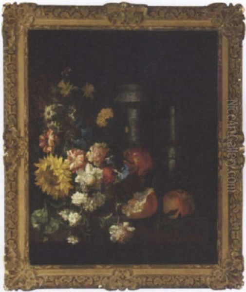 A Sunflower, Carnations, Narcissi, Morning Glories And Other Flowers In A Basket With Two Vases And Pomegranates On A Ledge Oil Painting by Jean-Baptiste Ii Belin