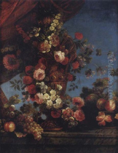 Vase De Fleurs Et Fruits Sur Un Entablement Oil Painting by Jean-Baptiste Ii Belin