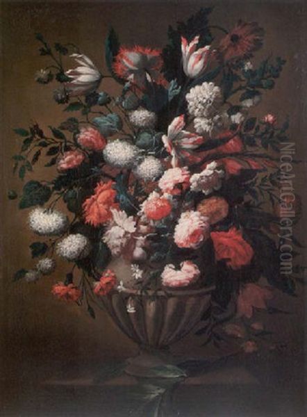 A Still Life Of Roses, Peonies, Tulips, Carnations And Other Flowers In A Stone Vase On A Stone Ledge Oil Painting by Jean-Baptiste Ii Belin