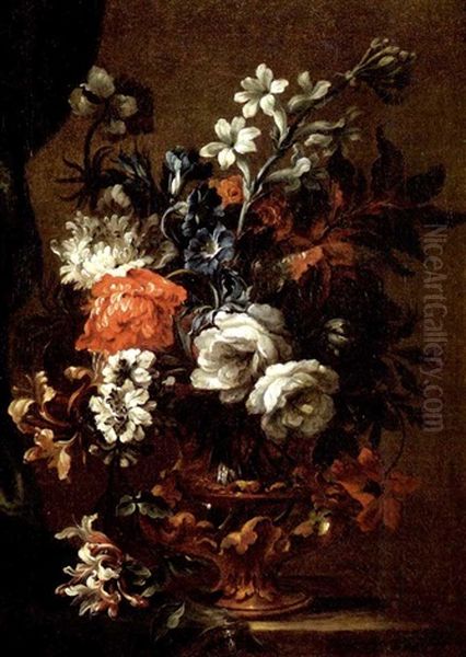 Circle Of Flowers In A Bronze Decorated Glass Vase On A Partially Draped Stone Ledge Oil Painting by Jean-Baptiste Ii Belin