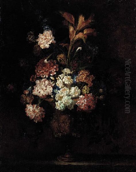 Carnations, Morning Glories, Narcissi And Other Flowers In An Urn On A Stone Plinth Oil Painting by Jean-Baptiste Ii Belin