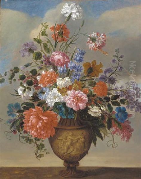Carnations, Morning Glory, Foxglove, Peonies And Other Flowers In An Urn On A Ledge Oil Painting by Jean-Baptiste Ii Belin