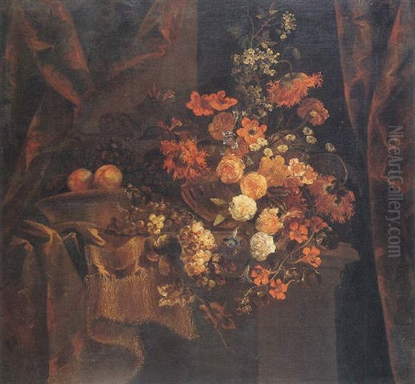 Flowers In A Vase And Fruit On A Partly Draped Pedestal Oil Painting by Jean-Baptiste Ii Belin