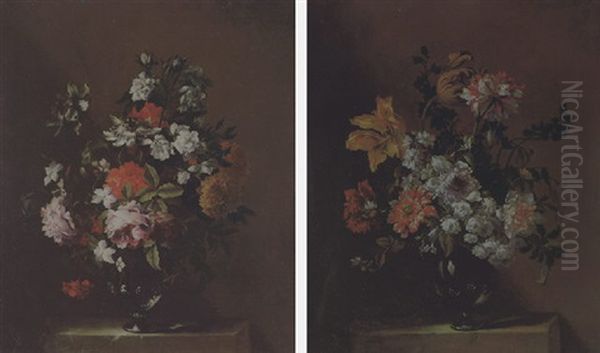 Tulips, Carnations, Roses, Daisies And Other Flowers In Glass Vase On A Stone Plinth Oil Painting by Jean-Baptiste Ii Belin