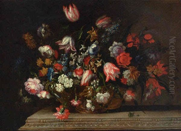 Tulips, Narcissi, Daffodils, Hyacinths, Carnations, Anemones, Bluebells, Morning Glory And Other Flowers Oil Painting by Jean-Baptiste Ii Belin