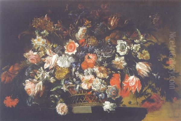 Parrot Tulips, Carnations, Daffodils And Other Flowers In A Basket On A Pedestal Oil Painting by Jean-Baptiste Ii Belin