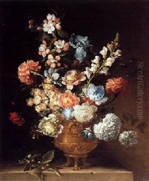 Still Life With Flowers In A Copper Vase On A Stone Ledge Oil Painting by Jean-Baptiste Ii Belin