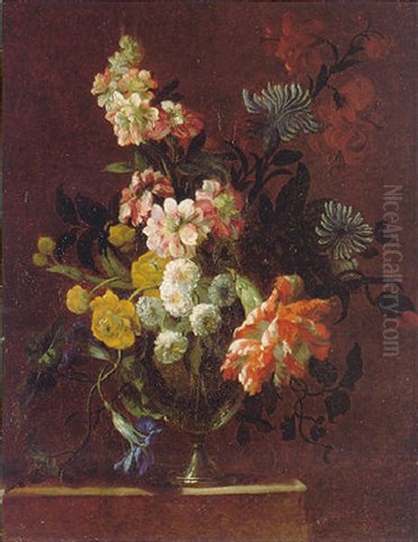 A Still Life Of A Variegated Carnation, Convolvulus And Other Flowers In A Glass Vase On A Stone Ledge Oil Painting by Jean-Baptiste Ii Belin