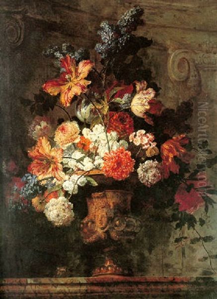 Still Life Of Flowers In A Gold Vase Resting On A Marble Ledge Oil Painting by Jean-Baptiste Ii Belin
