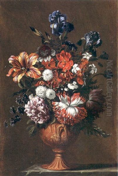 Irises, A Tulip, A Poppy, A Rose, Jasmine And Other Flowers  In A Sculpted Urn On A Stone Ledge Oil Painting by Jean-Baptiste Ii Belin