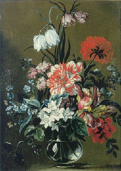 Bouquet De Fleurs Dans Un Vase Transparent Sur Un Entablement Oil Painting by Jean-Baptiste Ii Belin