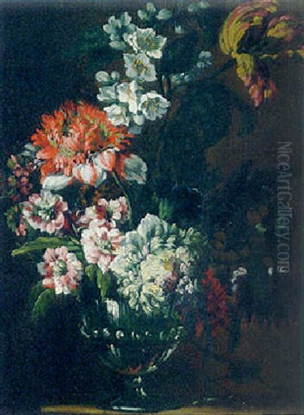 Carnations, Stocks, Dahlias And A Parrot Tulip In A Glass Vase Oil Painting by Jean-Baptiste Ii Belin