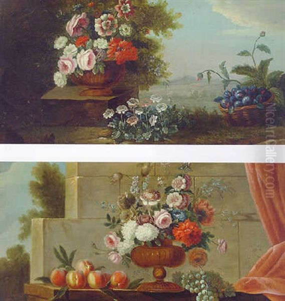 Flowers In An Urn On A Pedestal By A Basket Of Plums In A Landscape Oil Painting by Jean-Baptiste Ii Belin