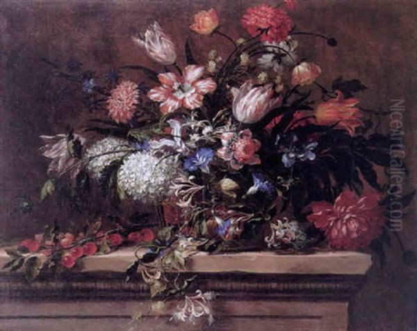 Still Life Of Tulips, Convolvulus, Lilac, Honeysuckle, Poppies And Other Flowers In A Basket On Stone Ledge Oil Painting by Jean-Baptiste Ii Belin