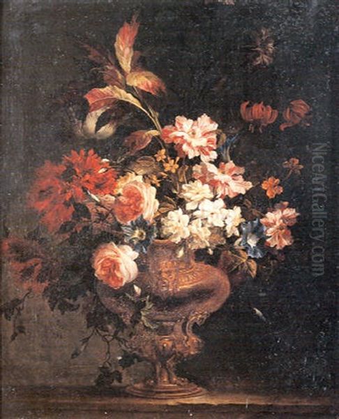 Bouquet De Fleurs Dans Un Vase Sculpte Sur Un Entablement Oil Painting by Jean-Baptiste Ii Belin