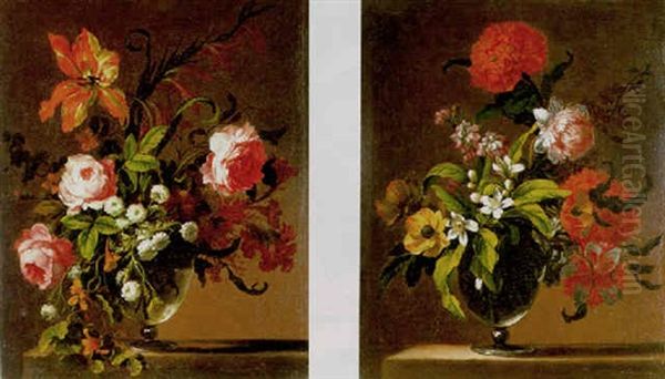 A Still Life Of Roses, A Tulip, Nasturciums And Other Flowers In A Glass Vase On A Stone Ledge Oil Painting by Jean-Baptiste Ii Belin