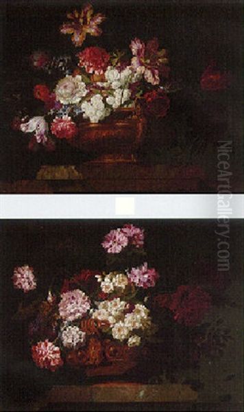 Tulips, Carnations, Roses And Other Flowers In Urn On Ledge Oil Painting by Jean-Baptiste Ii Belin