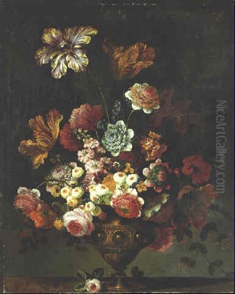 Parrot Tulips, Roses, Carnations And Other Flowers In A Brass Vase On A Ledge Oil Painting by Jean-Baptiste Ii Belin