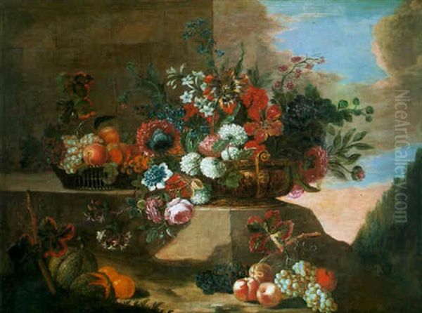 Nature Morte A La Vasque De Fleurs Et Aux Fruits Sur Un Muret Oil Painting by Jean-Baptiste Ii Belin
