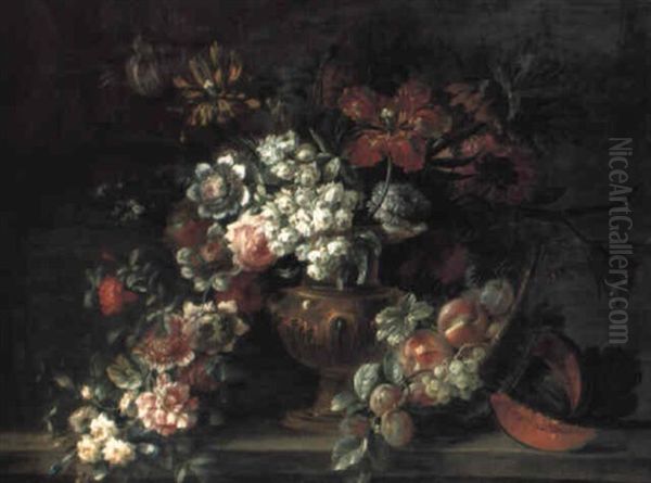 Flowers In A Vase With Peaches And Other Fruit On A Ledge Oil Painting by Jean-Baptiste Ii Belin