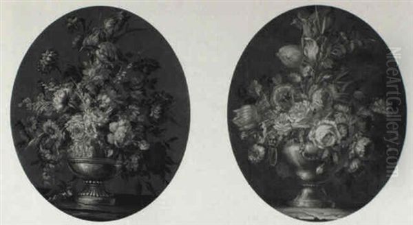 Still Life Of Tulips, Roses And Other Flowers In Gilt Urns Oil Painting by Jean-Baptiste Ii Belin