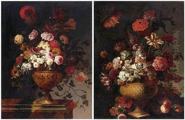 Still Life Of Flowers In An Elaborately Carved Vase Oil Painting by Jean-Baptiste Belin de Fontenay the Younger