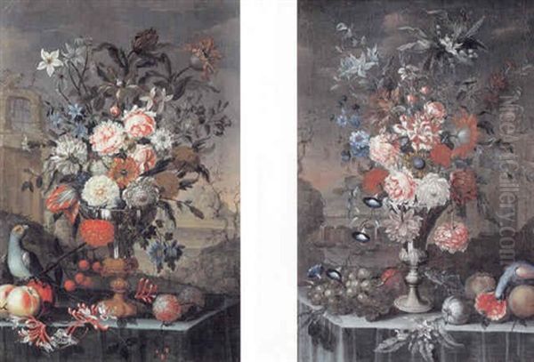 Opstilling Med Blomster, Fugle Og Frugter Pa En Karm, I Baggrunden Bjergrigt Landskab Oil Painting by Jean-Baptiste Belin de Fontenay the Younger