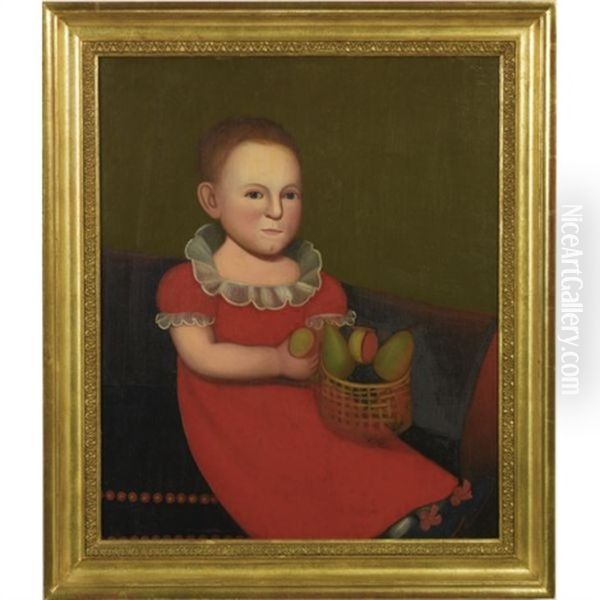 Portrait Of A Child In A Red Dress And Red-ribboned Shoes Holding A Basket Of Fruit: Dorman Theodore Warren Of Townsend, Massachusetts Oil Painting by Zedekiah Belknap