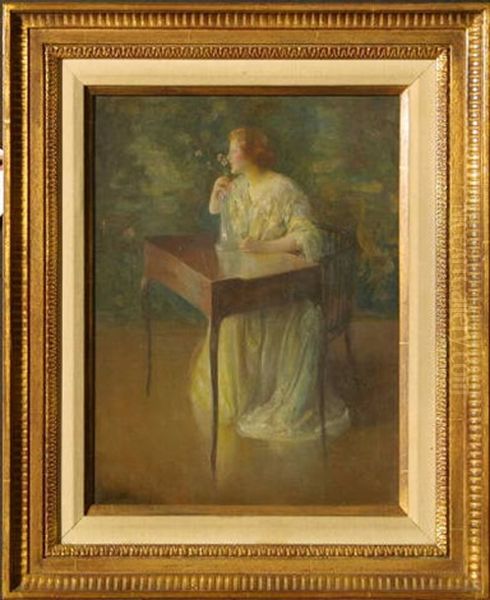 Woman Seated At Writing Desk With Flowers Oil Painting by Edward August Bell
