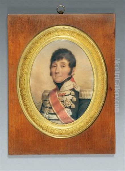 Portrait D'un Colonel De Gardes Du Corps Du Roi En Uniforme, Croix Du Saint-esprit Et Grand Cordon Rouge Borde D'or Fond De Ciel Nuageux Oil Painting by Rodolphe Bell