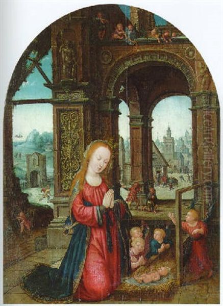 The Virgin And Child With Adoring Angels Oil Painting by Jean Bellegambe the Elder
