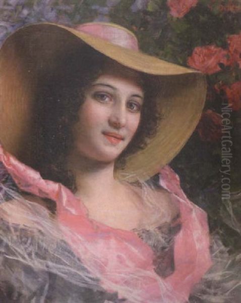 Maiden In A Pink Ribboned Hat Oil Painting by Gaetano Bellei
