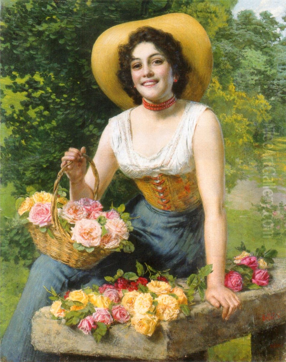 A Beauty Holding A Basket Of Roses Oil Painting by Gaetano Bellei