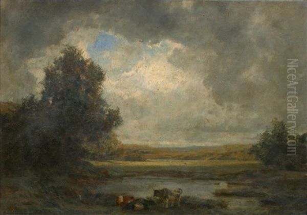 Berger Et Troupeau Pres D'un Etang Oil Painting by Georges Bellenger