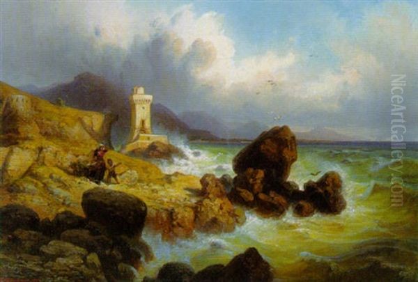 Italienische Kustenlandschaft Mit Leuchtturm Bei Aufziehendem Unwetter Oil Painting by Ferdinand Konrad Bellermann