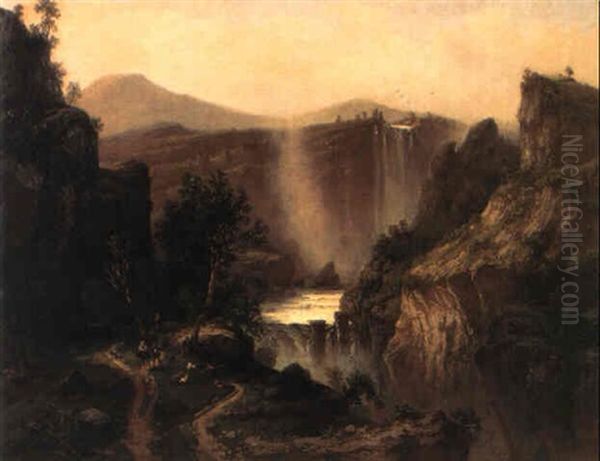 Extensive Landscape With A Waterfall And Peasants With Goats Oil Painting by Ferdinand Konrad Bellermann