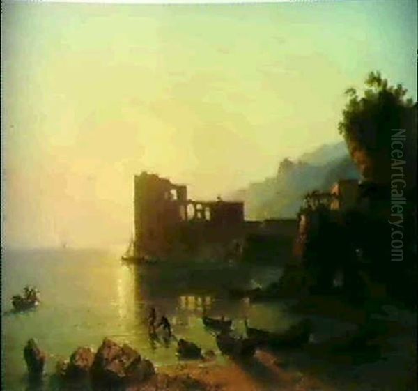 Fischerboote Nahe Dem Kastell Am Golf Von Sorrent Oil Painting by Ferdinand Konrad Bellermann